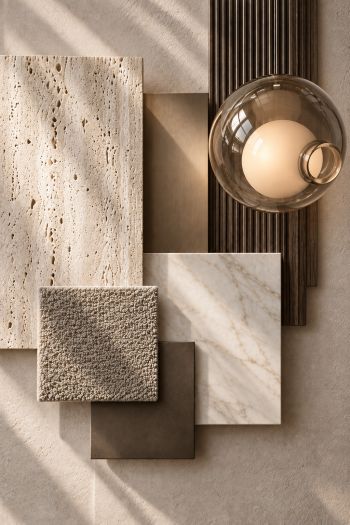 Materialmuster aus Stoff und Stein in hellen Naturtönen